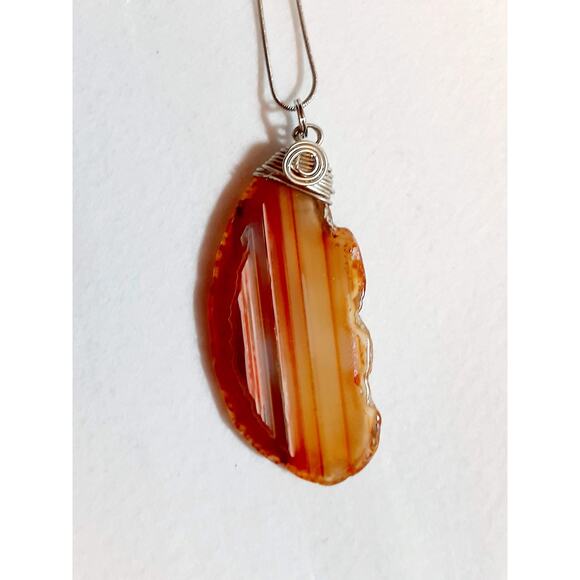 Brown Stripe Agate Slice Wire Wrap Necklace Handmade - Picture 2 of 4